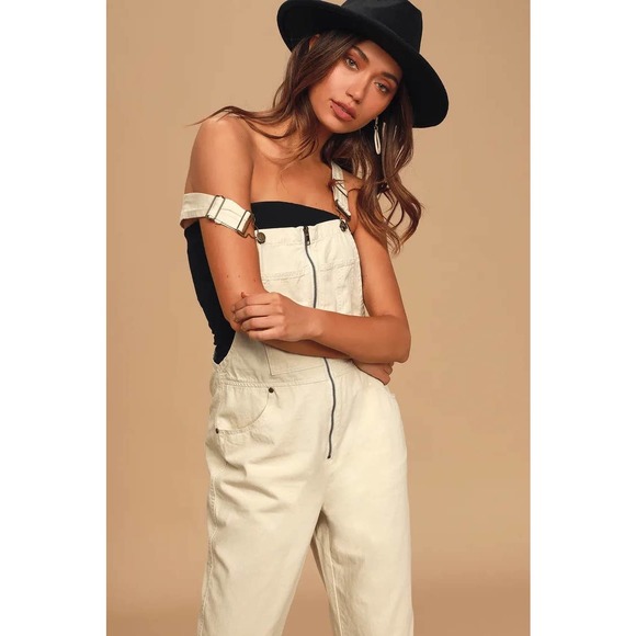 MINKPINK Pants - MinkPink Jada Beige Zip Front Overalls